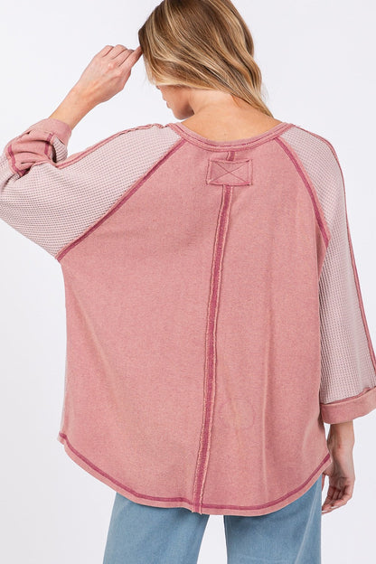 Star Applique Patch Exposed Seam Waffle Knit Top in pink, shown from the back, highlighting exposed seams and waffle knit texture.