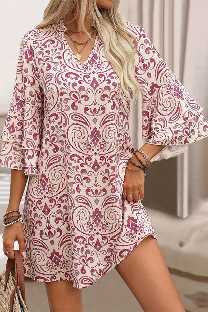 Pink Paisley Print Tiered Mini Dress