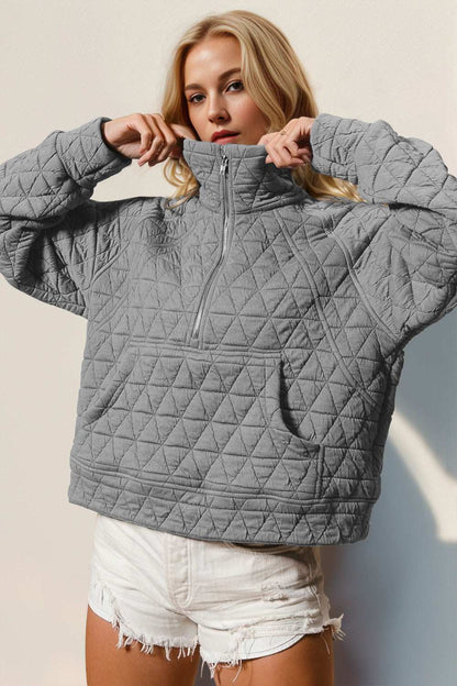 Half zip long sleeve quilted sweatshirt with pocket, gray, women's fashion.