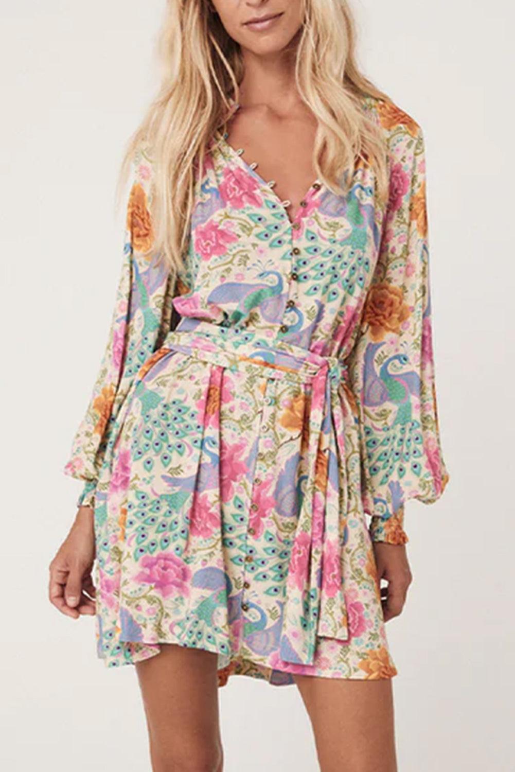 Boho long sleeve V-neck knot mini dress with multicolor mixed prints.