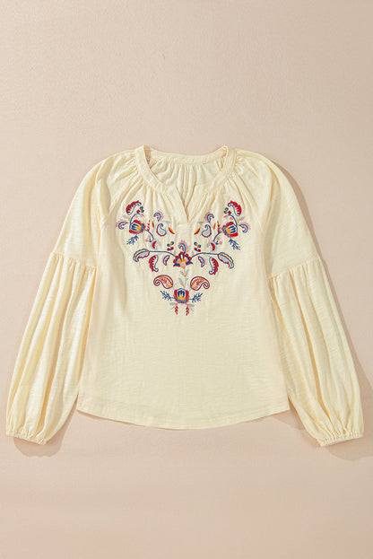 Embroidered Notched Long Sleeve Blouse