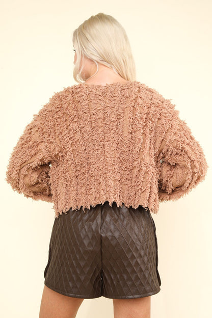 Shaggy Yarn Knit Zip Up Jacket with drop shoulder design and textured look.