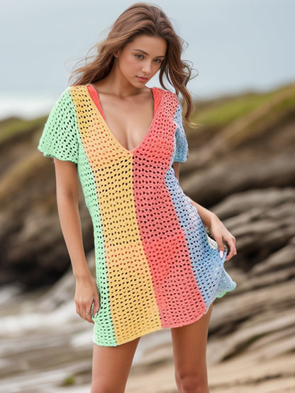 Color block V neck short sleeve cover up, semi-sheer, stretchy, 100% acrylic.