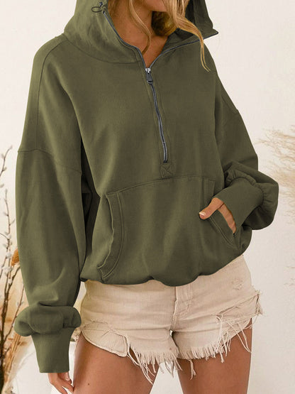 Green zip-up dropped shoulder hoodie with pocket and drawstring.