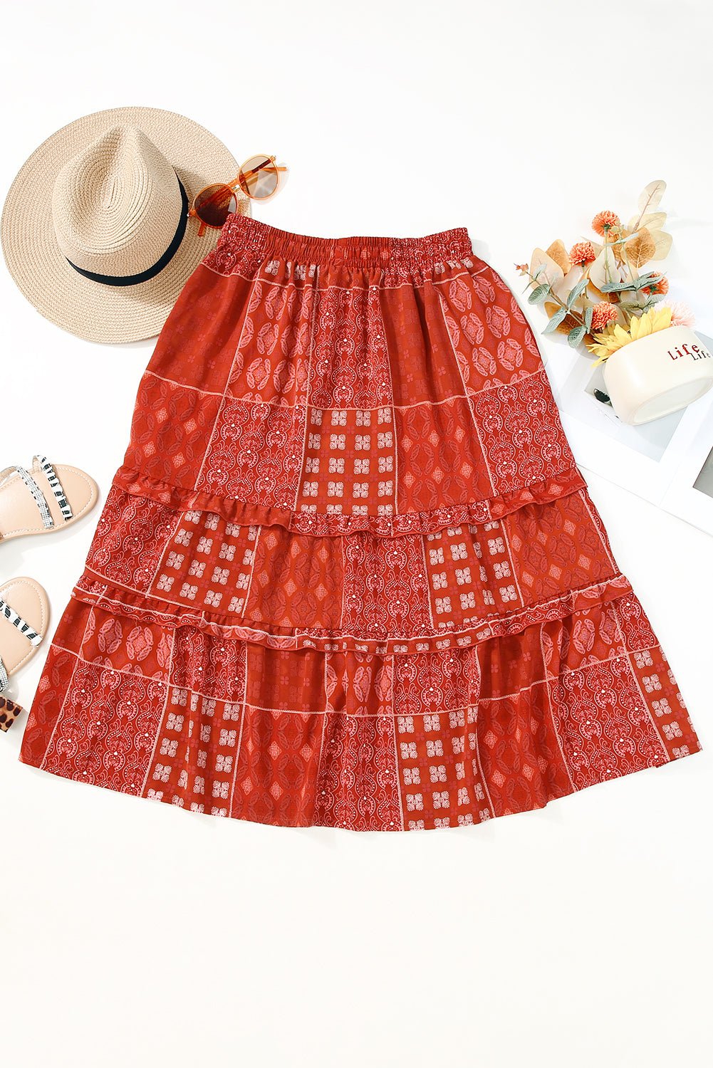 Bohemian Mix Print Long Flared Skirt