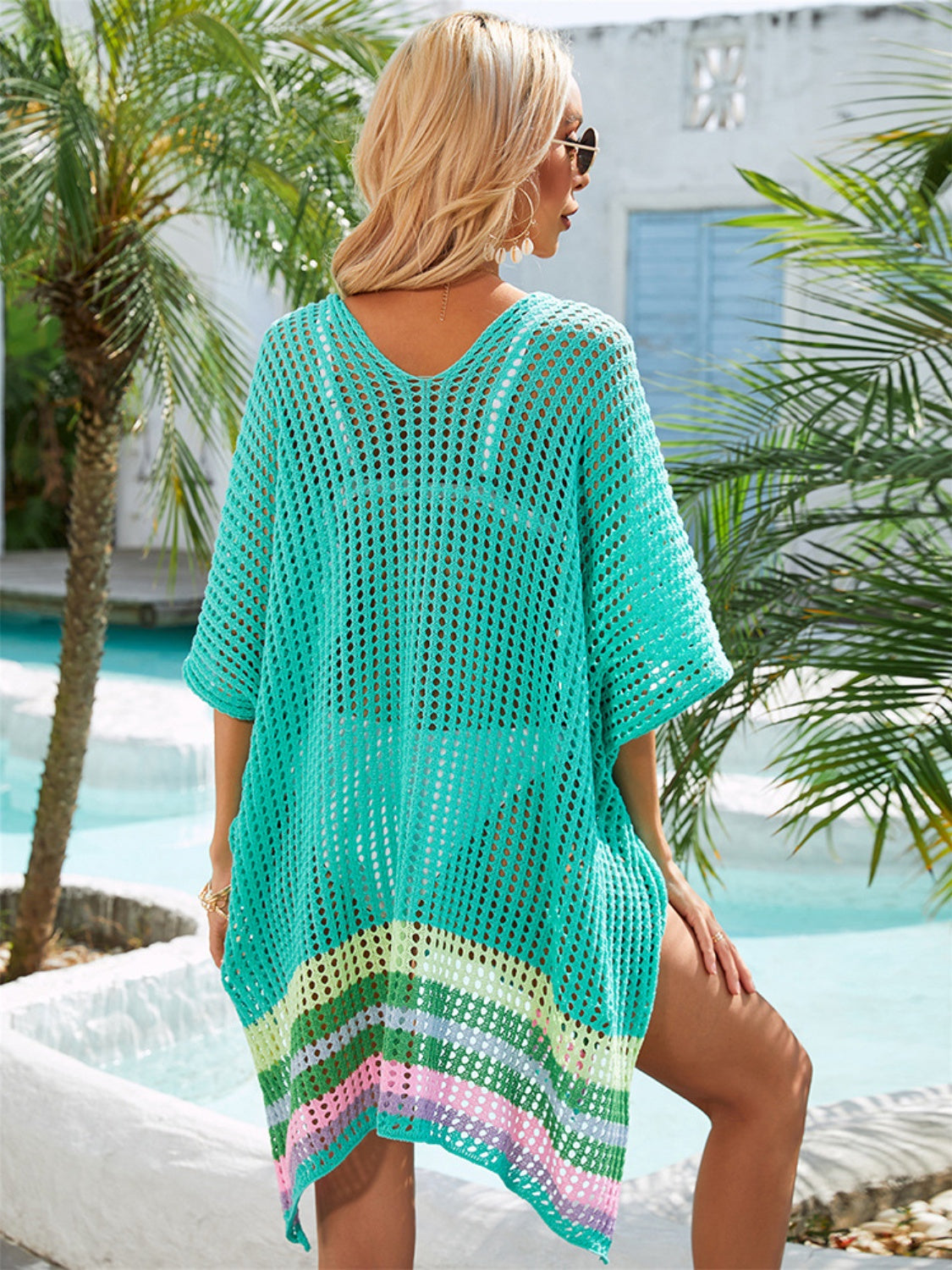 Slit Openwork V-Neck Half Sleeve Cover-Up in turquoise, featuring a slightly stretchy, sheer pattern with a colorful stripe hem, perfect for beachwear.