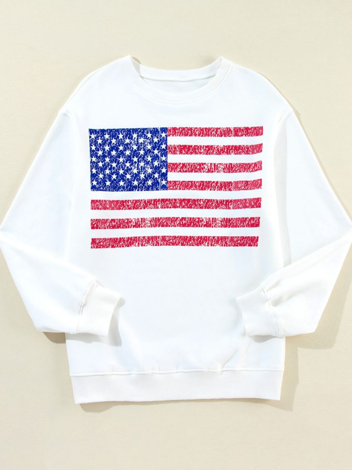 USA Flag Long Sleeve Sweatshirt, polyester-cotton blend, machine washable.