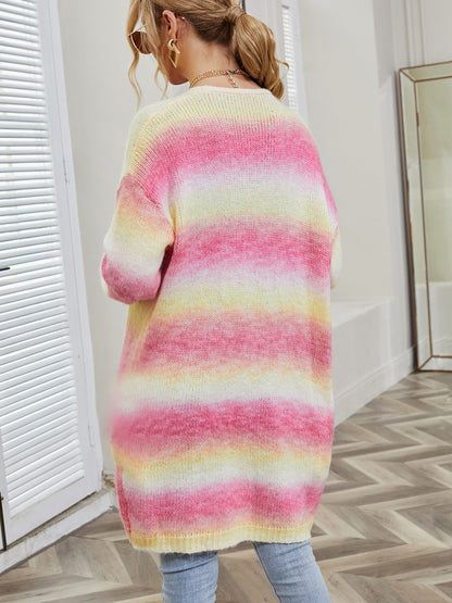 Rainbow Pocketed Open Front Gradient Cardigan with Slight Stretch and Pocketed Design