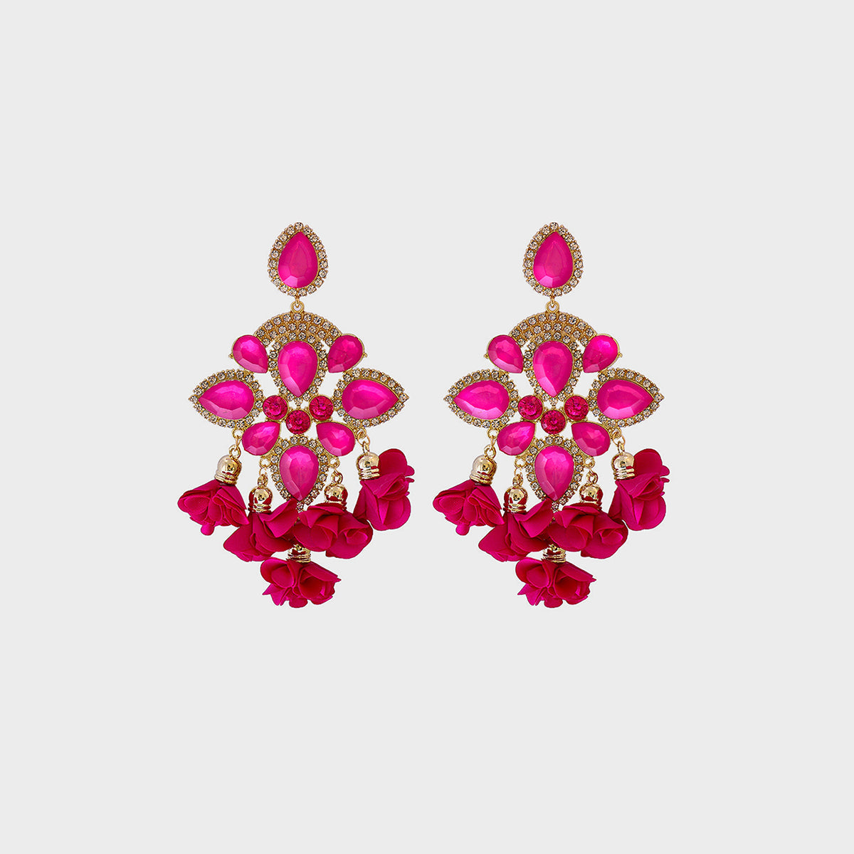 Flower-shaped rhinestone alloy dangle earrings in pink.