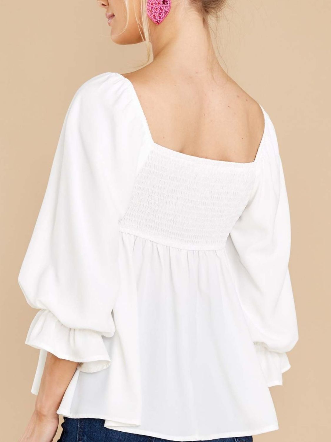 Smocked square neck flounce sleeve blouse in white, polyester, back view.