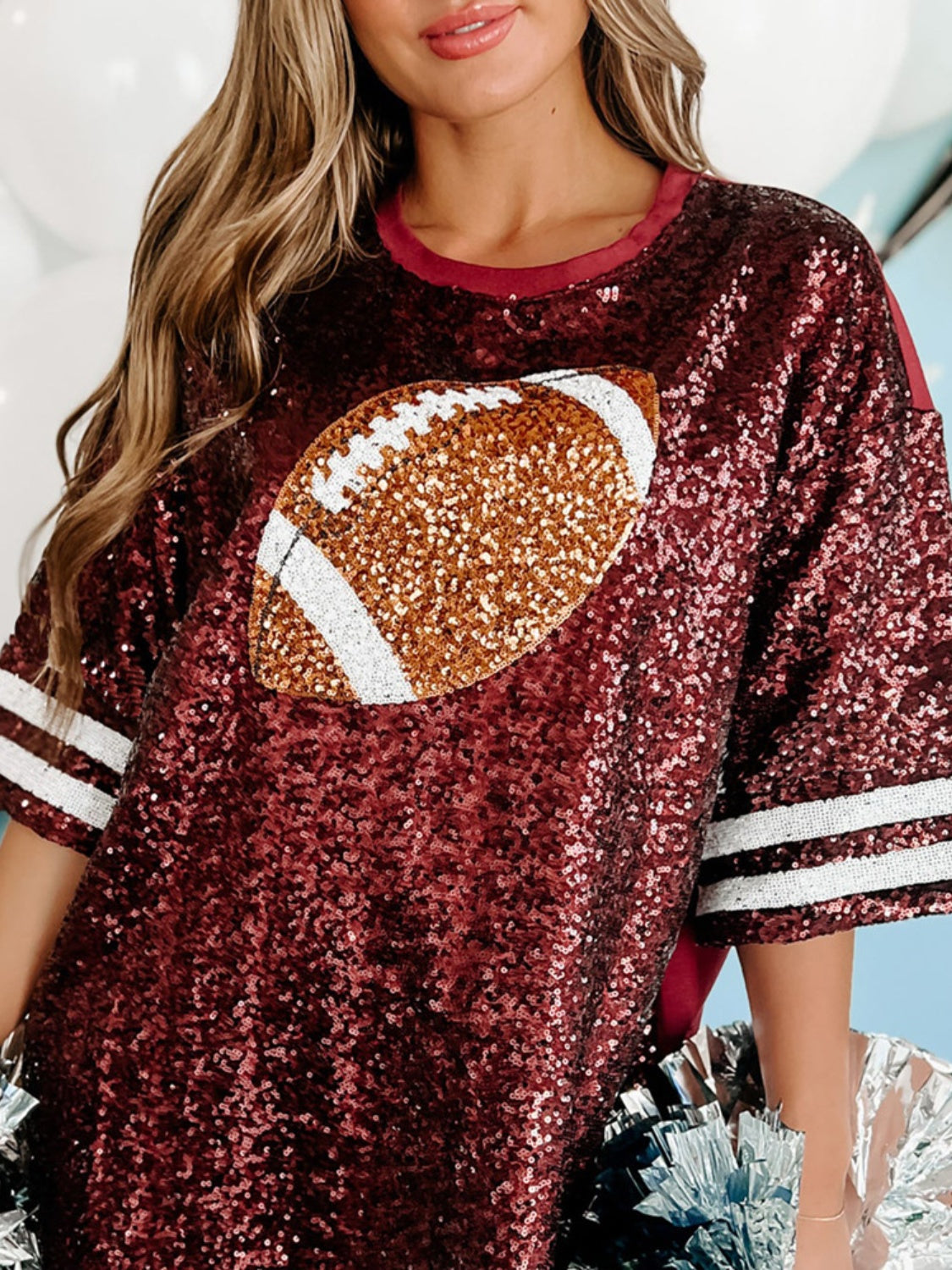 Sequin Football Oversized T-Shirt with football design, polyester-cotton blend, machine washable.