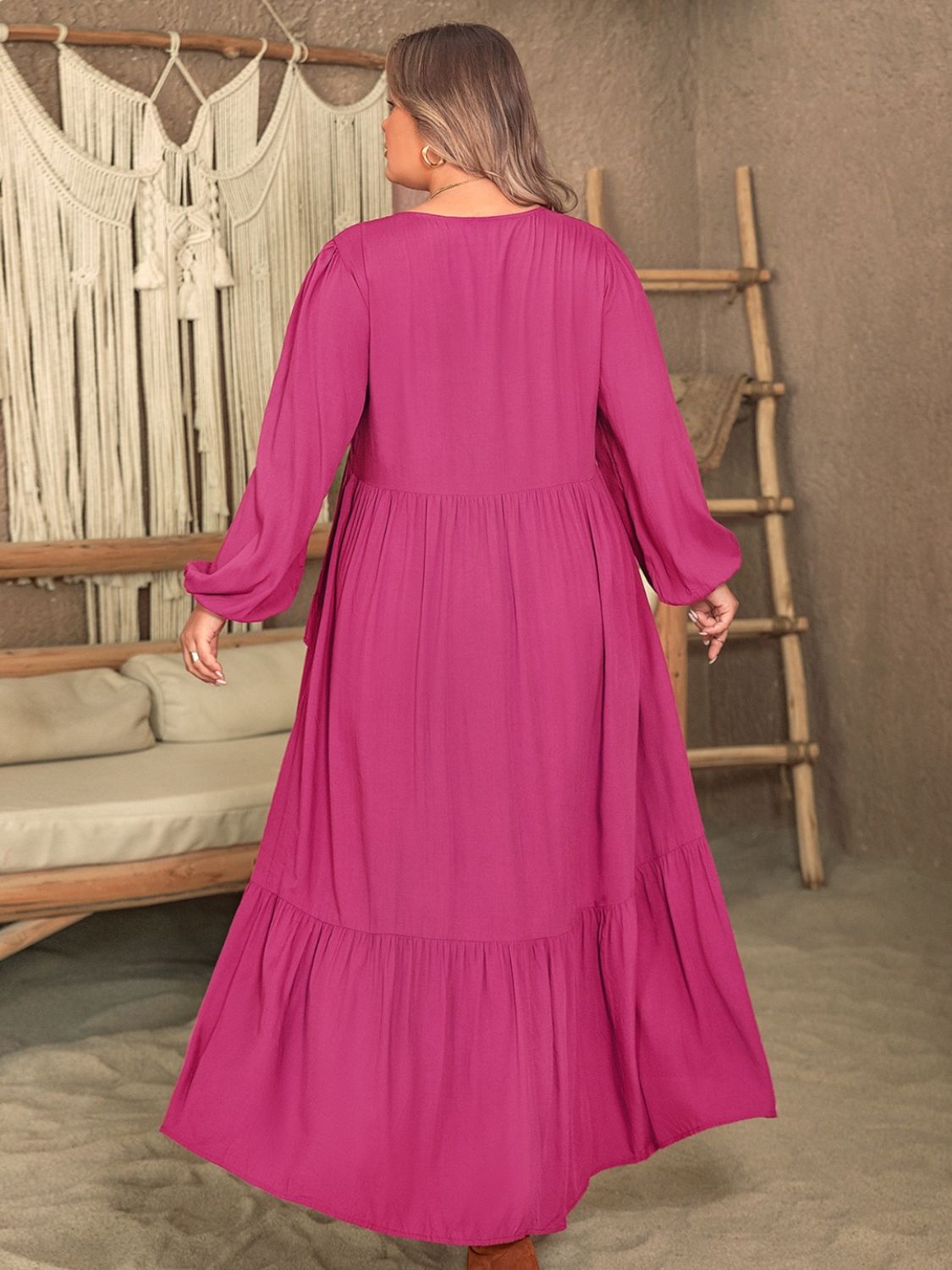 Plus size ruffled V-neck long sleeve dress in pink, 100% viscose.