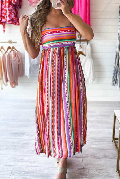 Multicolour striped boho maxi dress with thin straps and smocked back.