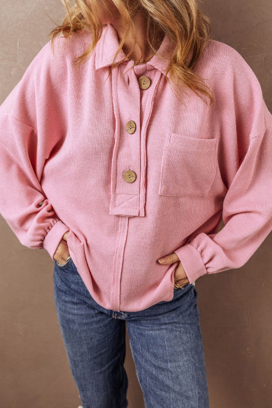 Pocketed Half Button Long Sleeve Sweatshirt