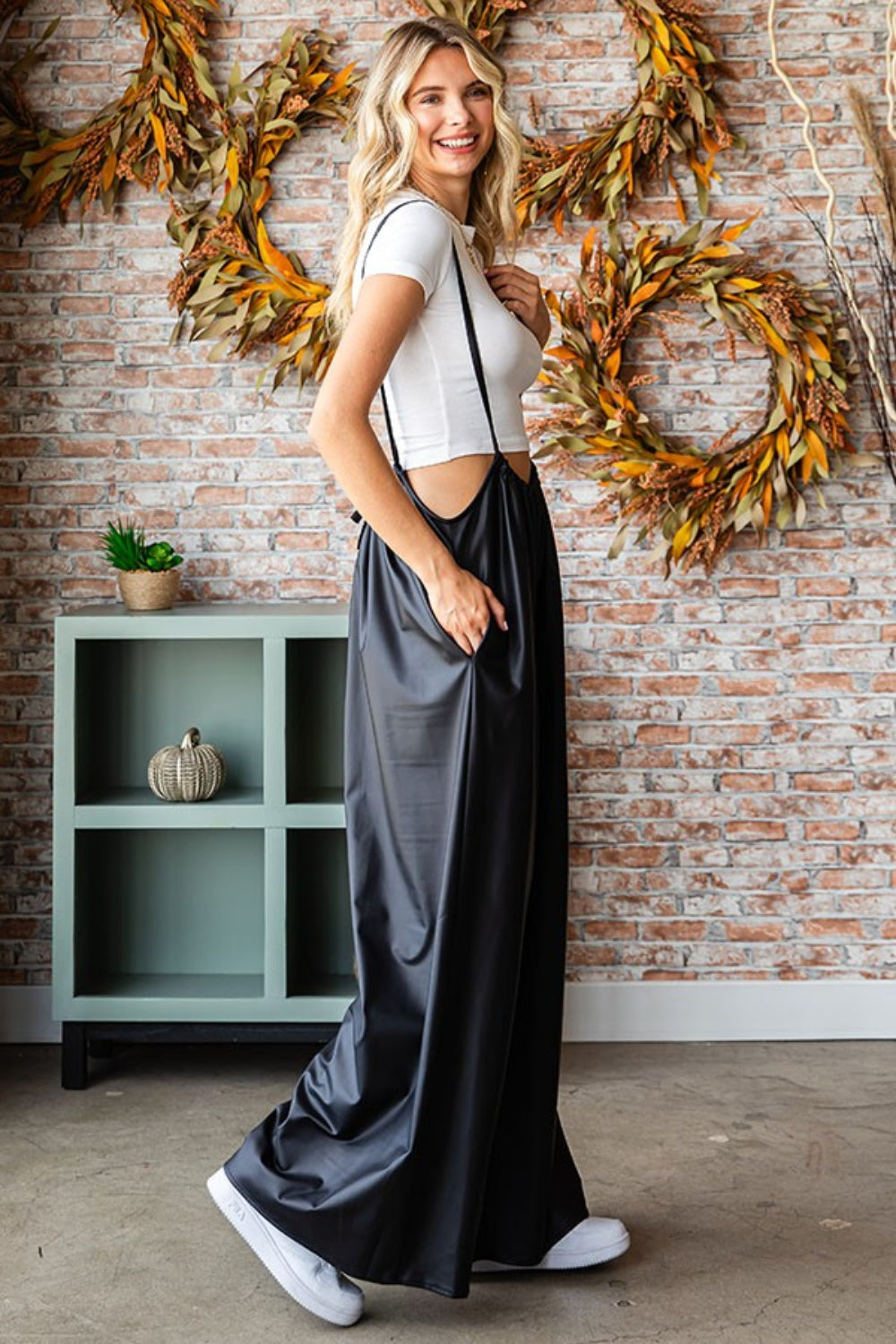 Drawstring Back Spaghetti Strap Wide Leg Overall