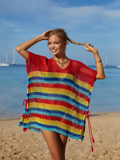 Rainbow Cutout Striped Swim Cover Up with Slit and Moderate Stretch