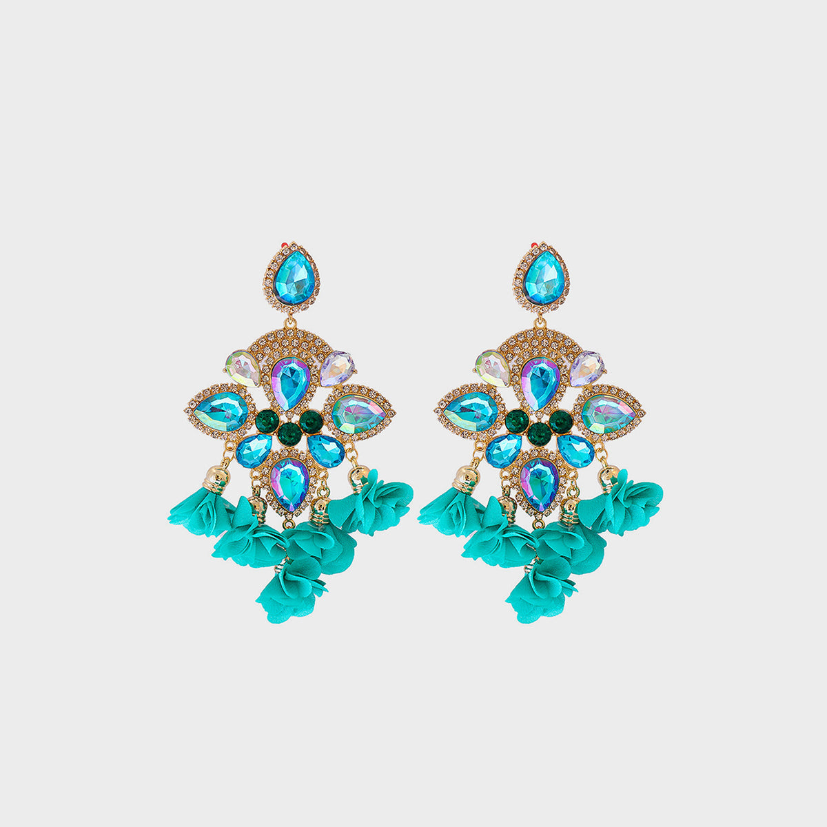 Flower shape rhinestone alloy dangle earrings with teal accents.