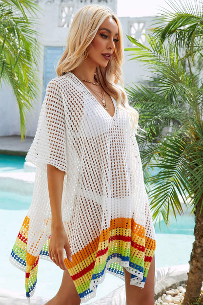 Rainbow stripe openwork slit beach cover-up with V-neck and half sleeves.