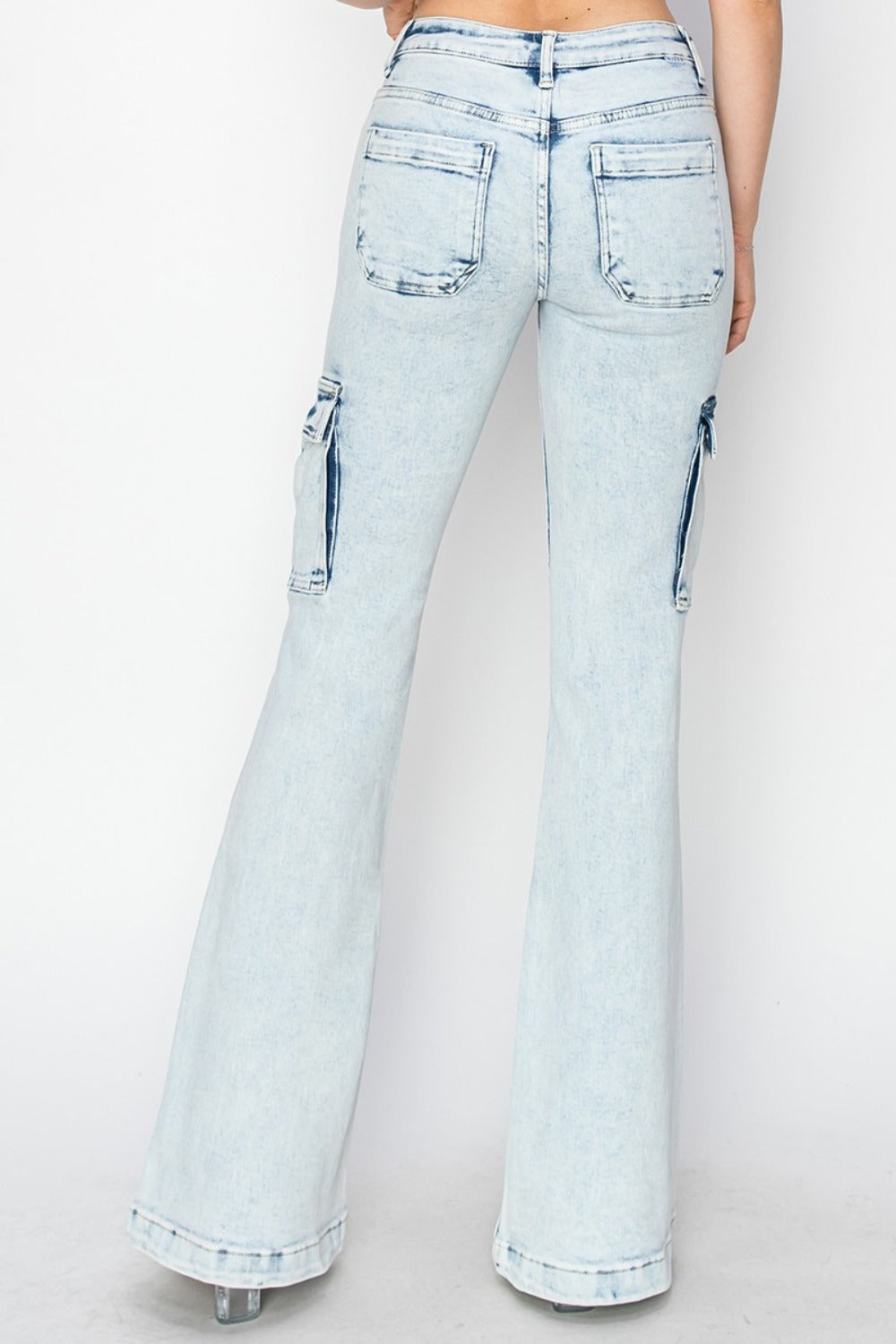 High Rise Light Wash Cargo Flare Jeans with pockets and flared legs.