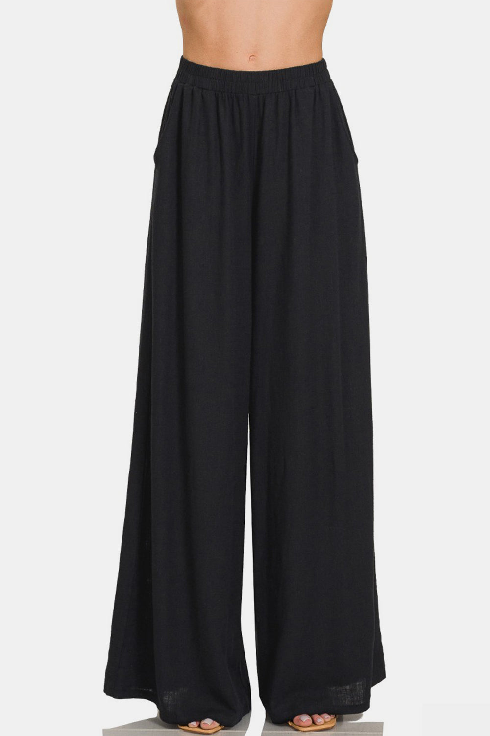 Boho Pleated Linen Blend Wide Leg Pants in black, elegant and breathable design.