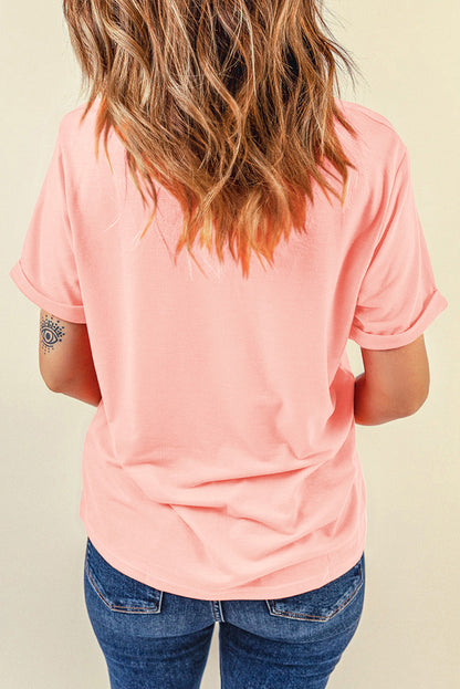 Shine Bright Graphic T-Shirt, basic style, pink short-sleeve, polyester-cotton blend, no stretch.