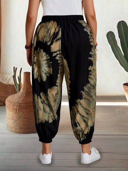 Tie-Dye Elastic Waist Pants in black with beige patterns, made of polyester, featuring a comfortable fit and basic style.