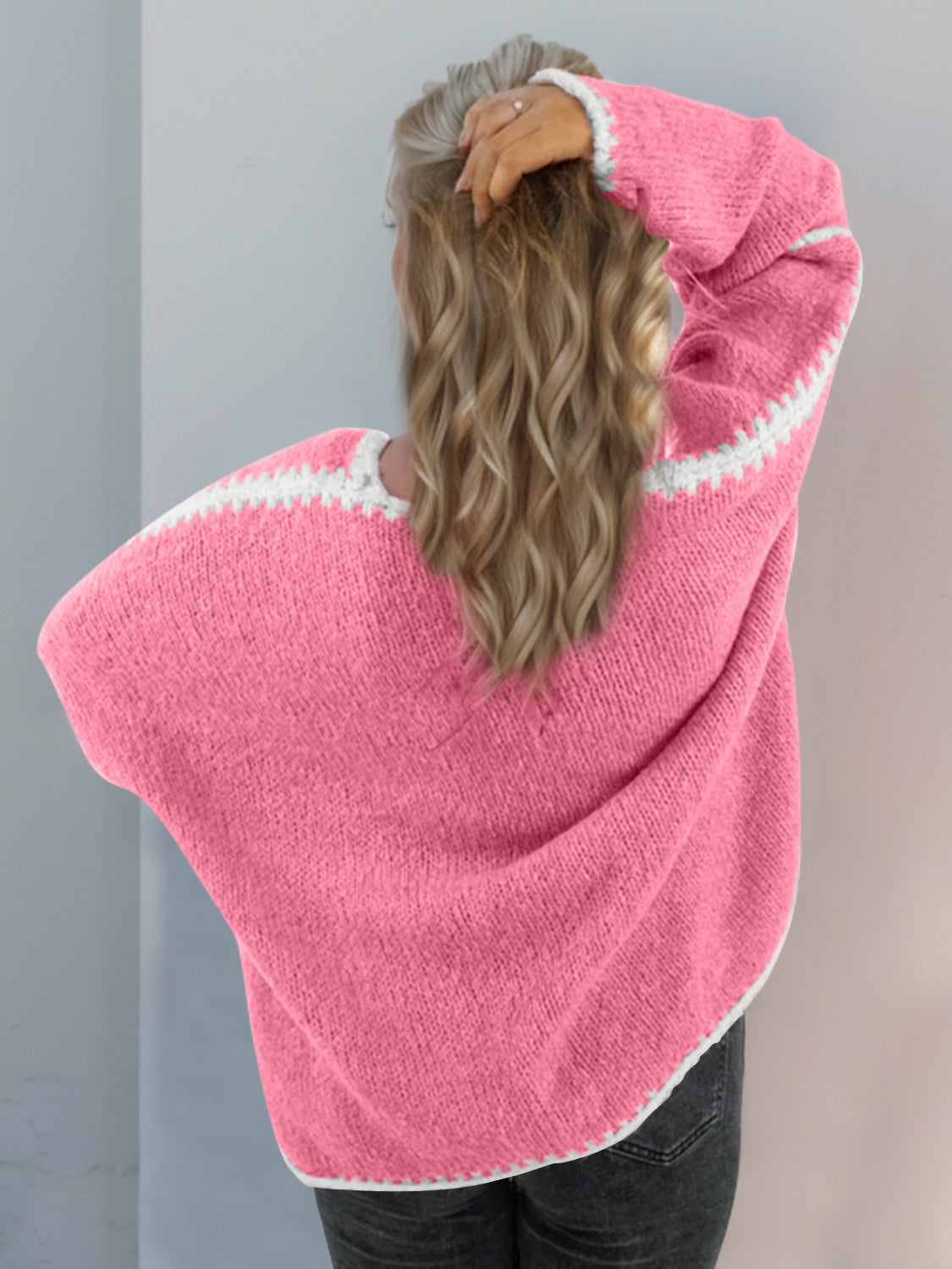 Super Cozy Open Cardigan in pink with white trim, slightly stretchy polyester material.