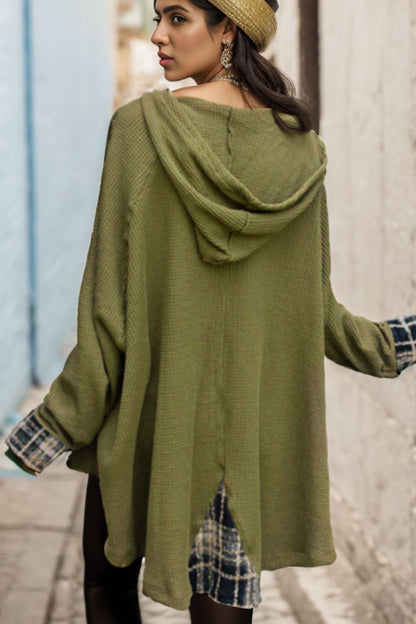 Waffle-Knit Buttoned Long Sleeve Hoodie in green, featuring basic style and slightly stretchy fabric.