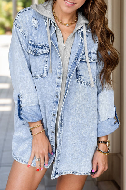 Distressed button-up long sleeve denim jacket with pockets and no stretch.