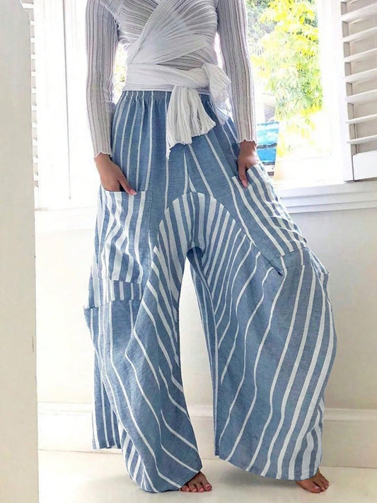 Striped elastic waist wide leg pants with pockets in blue and white.