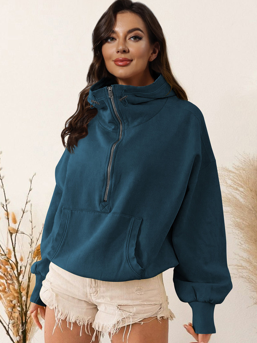 Half zip dropped shoulder hoodie, blue, pocketed, drawstring, polyester-rayon blend.