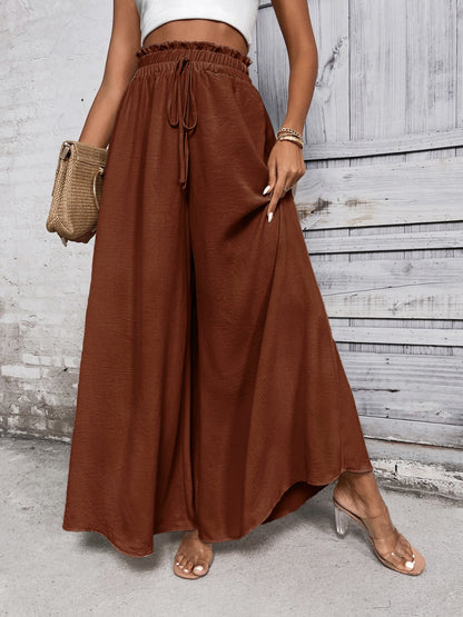 Boho high waist wide leg pants with tie detail in honey brown color.