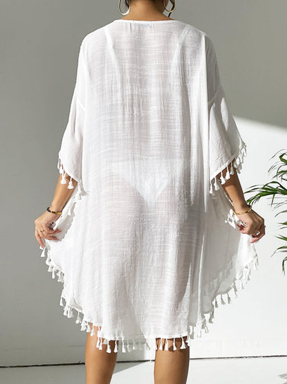 Tassel cutout scoop neck semi-sheer cover-up dress in white.