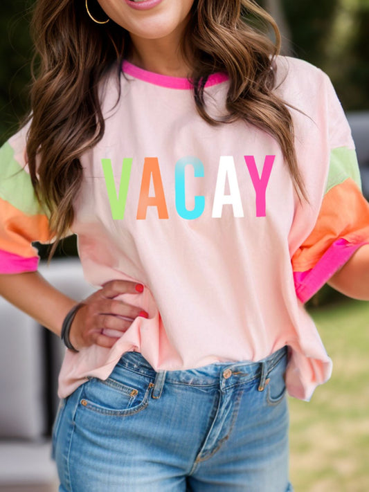 Vacay Color Block Graphic T-Shirt with vibrant colors, slightly stretchy cotton blend.