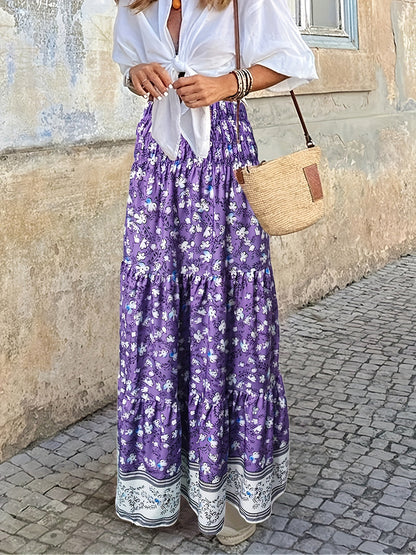 Tiered printed elastic waist skirt in purple, ruched design, 100% polyester, street-style.