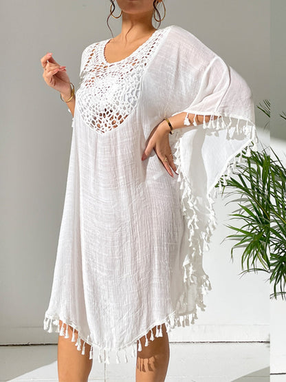 Tassel cutout scoop neck cover-up dress, semi-sheer, featuring tassel details, and no stretch material.