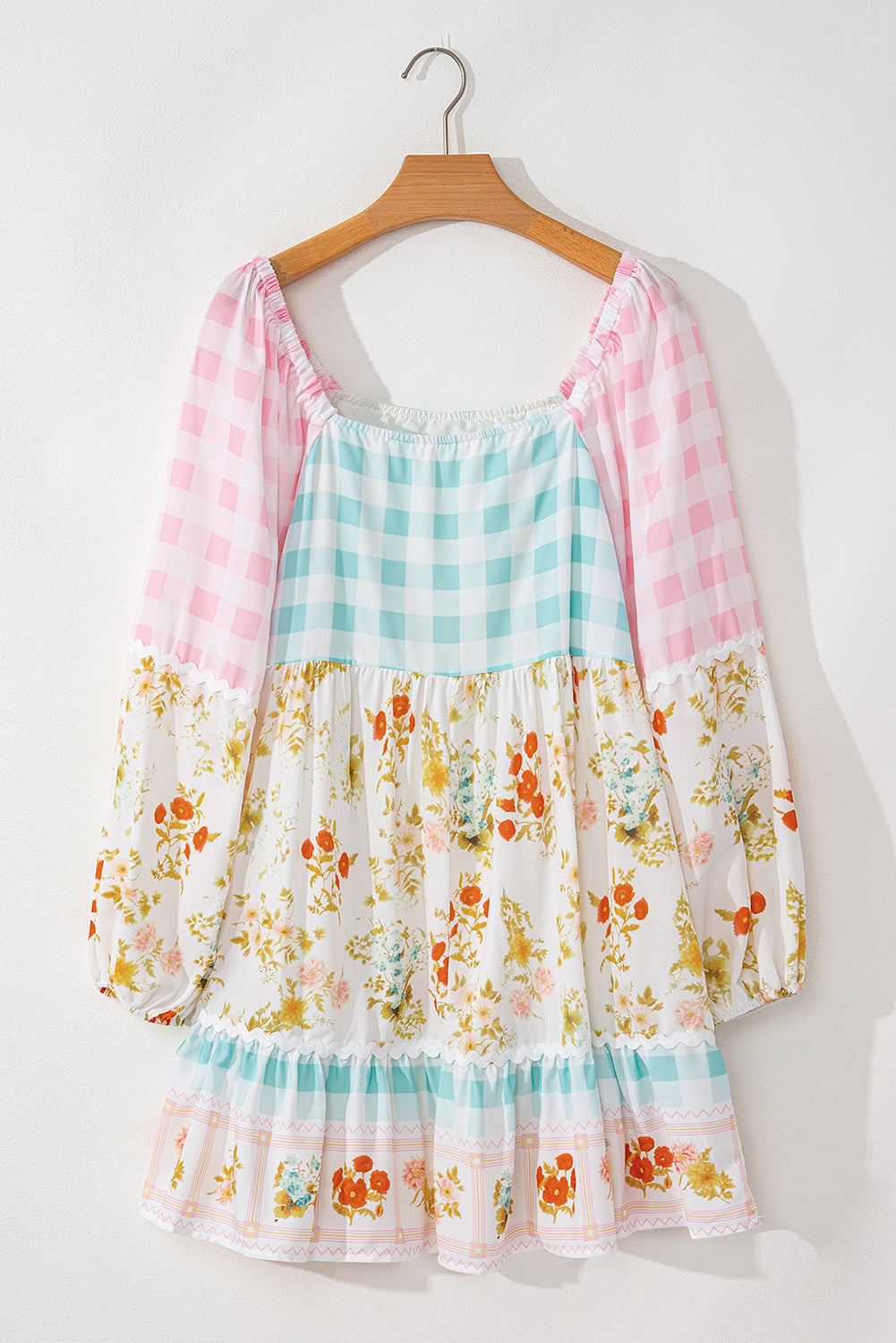 Plaid Floral Print Patchwork Bubble Sleeve Dress