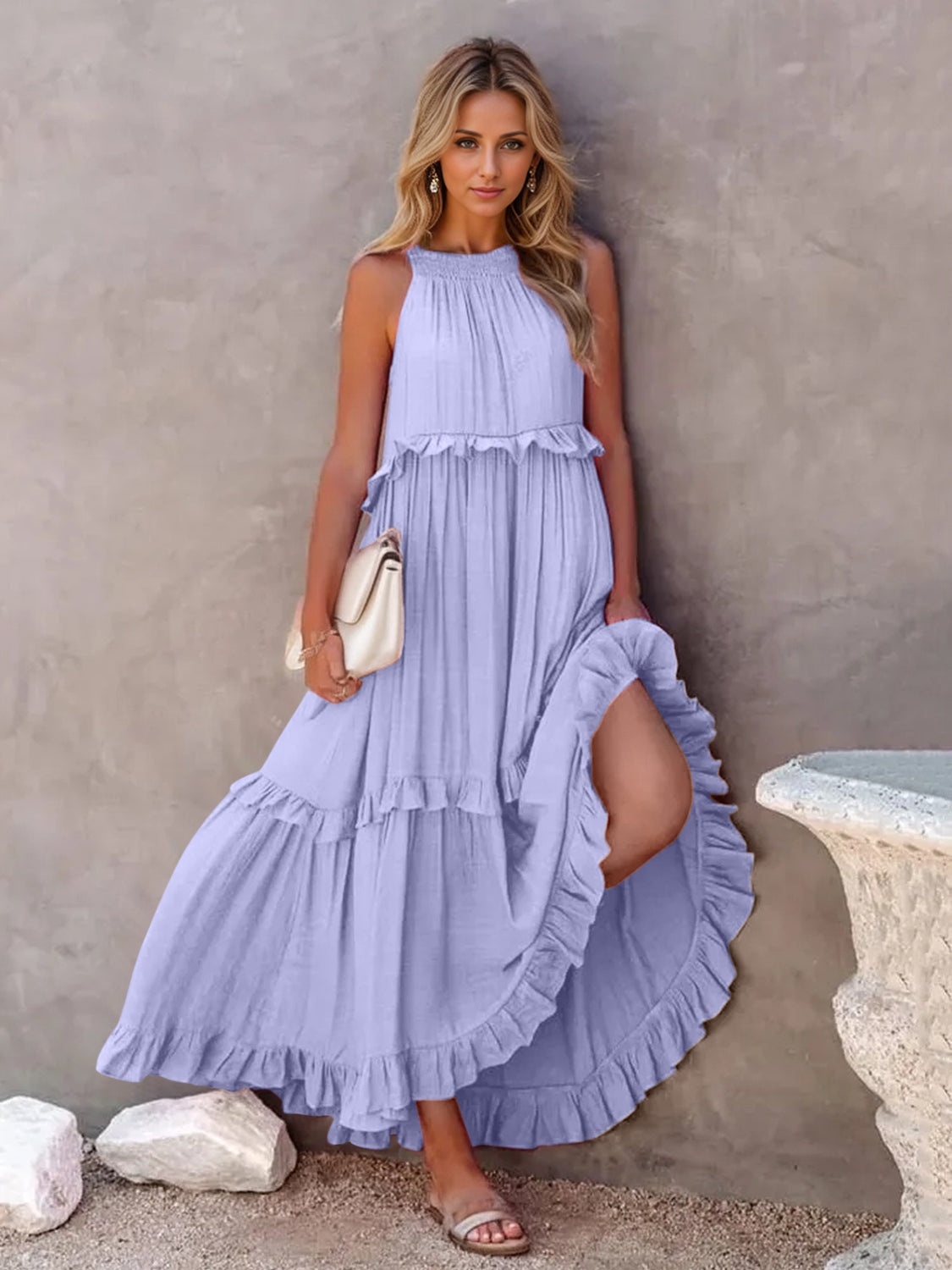 Ruffled sleeveless tiered maxi dress with pockets in lavender.