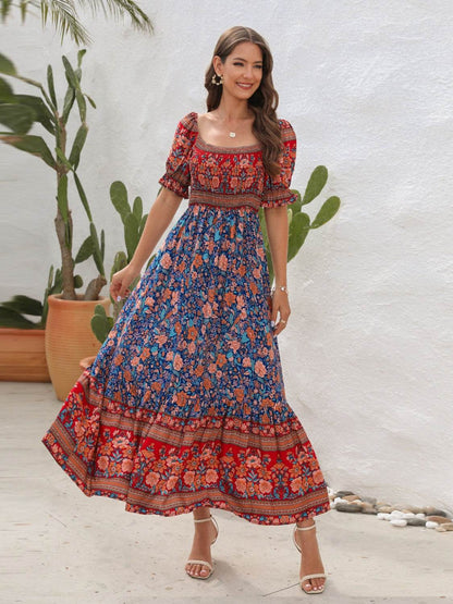 Floral flounce sleeve off-shoulder midi dress in blue and red pattern.