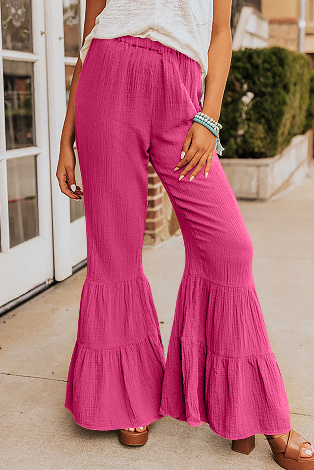 Textured High Waist Ruffled Bell Bottom Pants