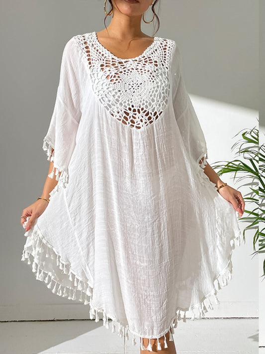 Tassel cutout scoop neck cover-up dress, semi-sheer, no stretch, 50% acrylic, 50% polyester.