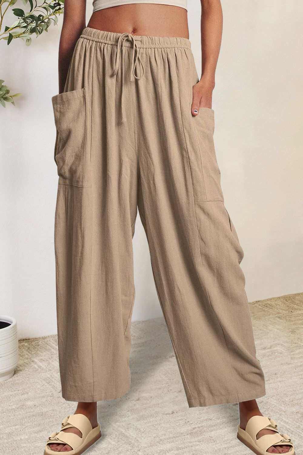 Boho Wide Leg Harem Pants with Pockets, Opaque Polyester, Casual Style