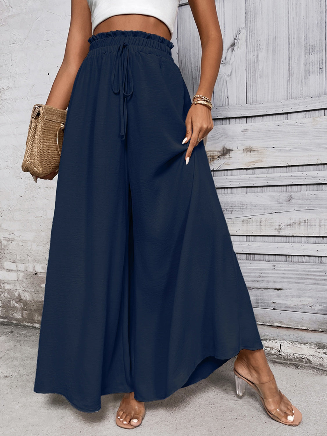 Boho high waist wide leg pants in navy, tied waistband, 100% cotton.