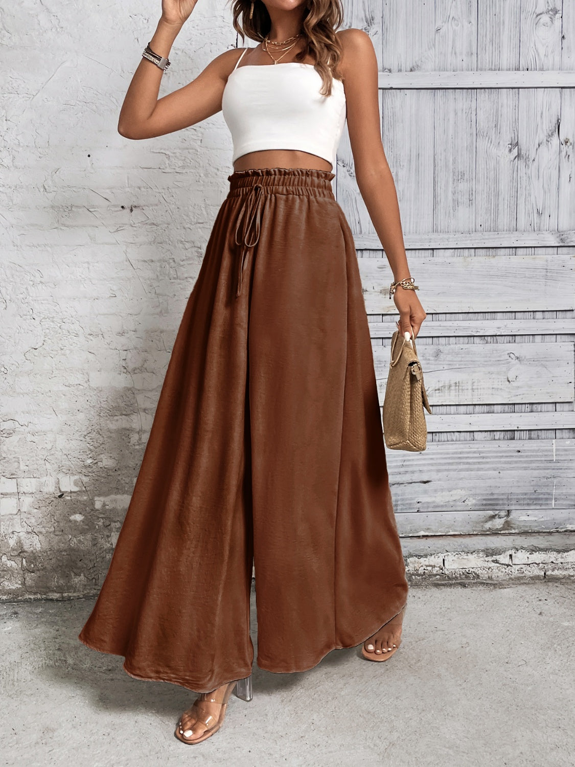 Boho high waist wide leg pants with tie detail, 100% cotton.