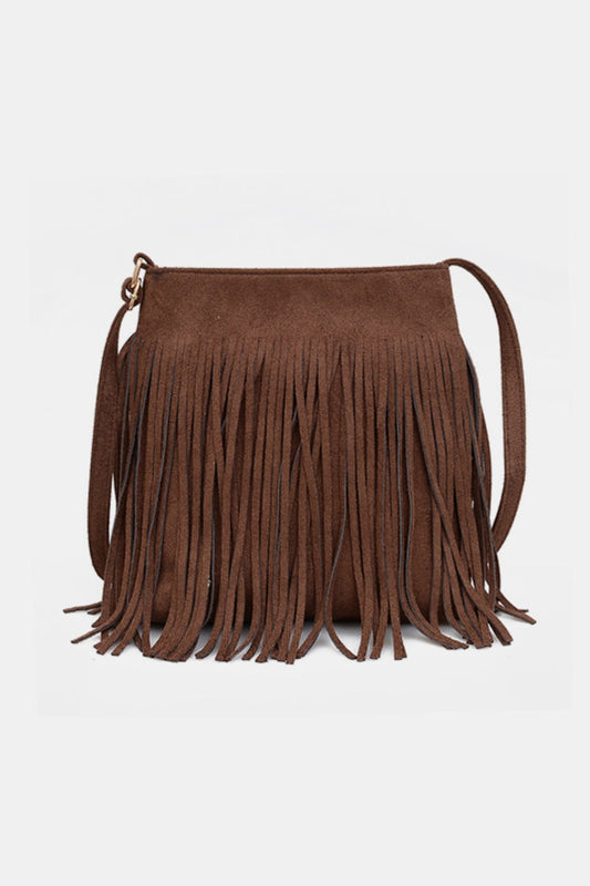 Small suede fringe shoulder bag, brown, imported, 8.7x2.4x9.8 inches.