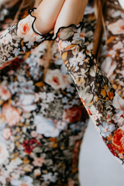 Brown Floral Print Mock Neck Bodycon Midi Dress