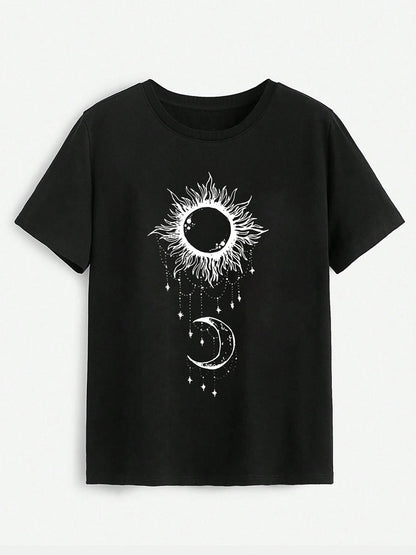 Black T-shirt with sun and moon graphic design.