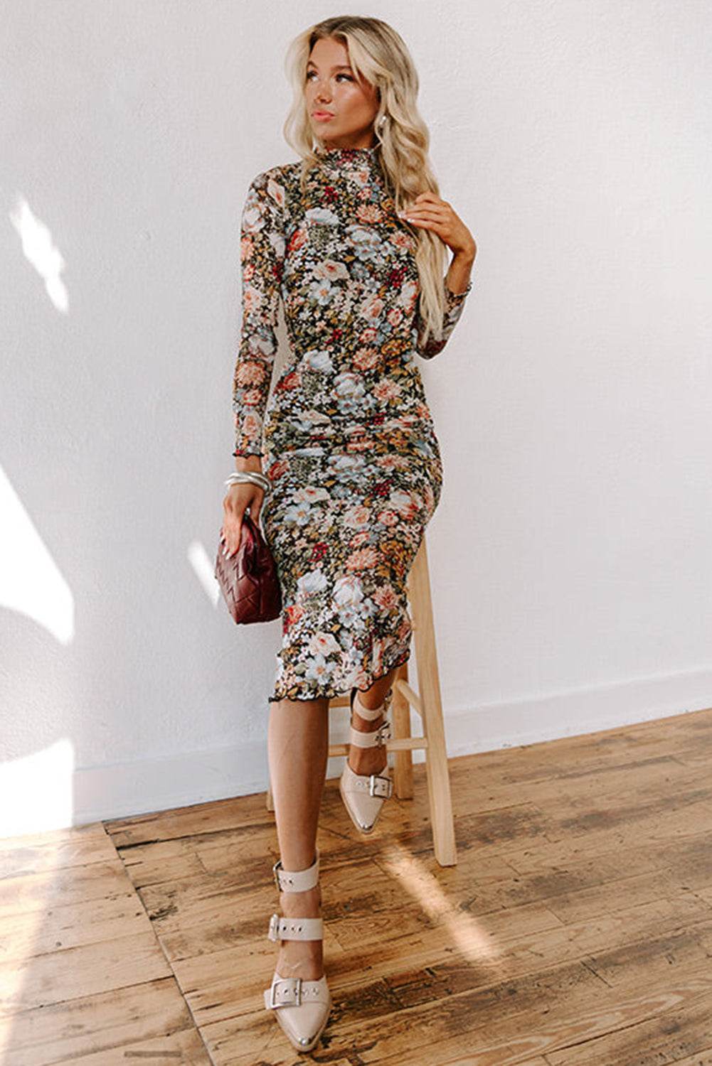 Brown Floral Print Mock Neck Bodycon Midi Dress