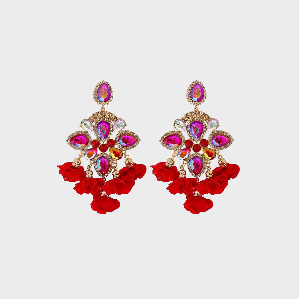 Flower shape rhinestone alloy dangle earrings with vibrant red accents.