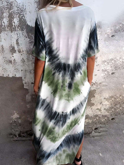 Tie-Dye Maxi Dress with pockets, lightweight and stretchy fabric, perfect for warm weather.